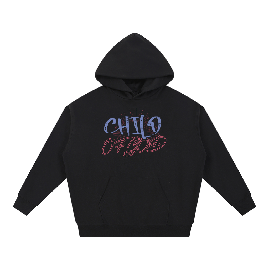 Black Child of God Hoodie with blue and red graphic text, oversized fit, and front pocket.