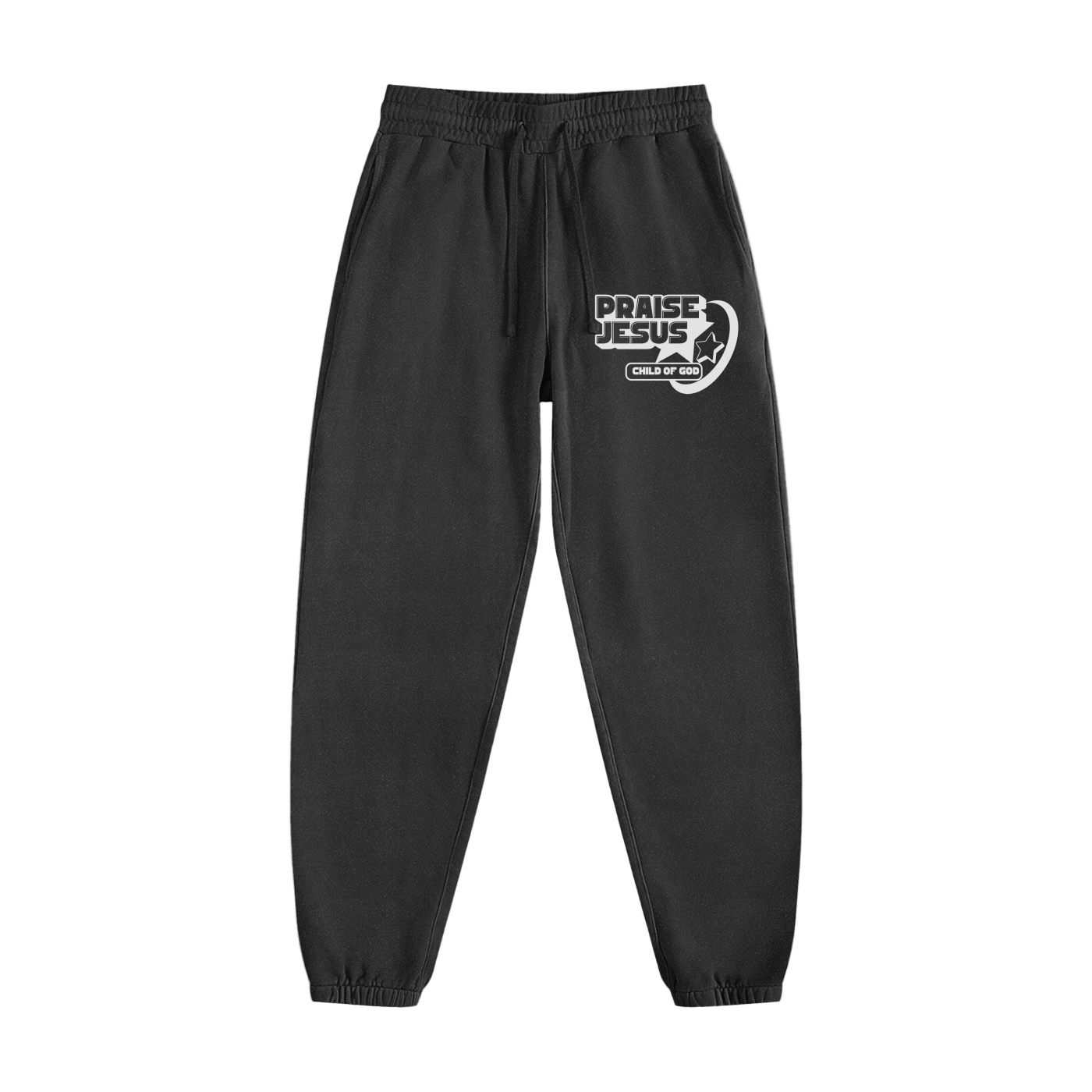 Black Praise Jesus Sweatpants with front logo and elastic waistband and cuffs