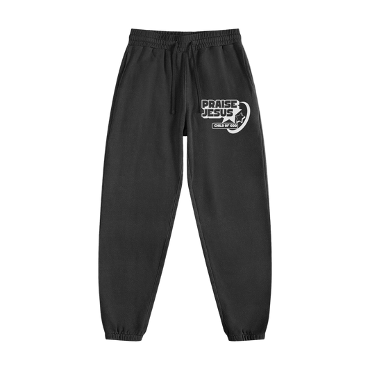 Black Praise Jesus Sweatpants with front logo and elastic waistband and cuffs