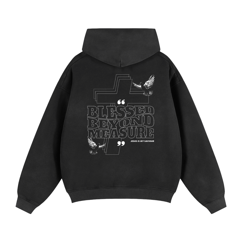 Black Praise Jesus Jacket with retro logo front and Blessed Beyond Measure text with doves on back