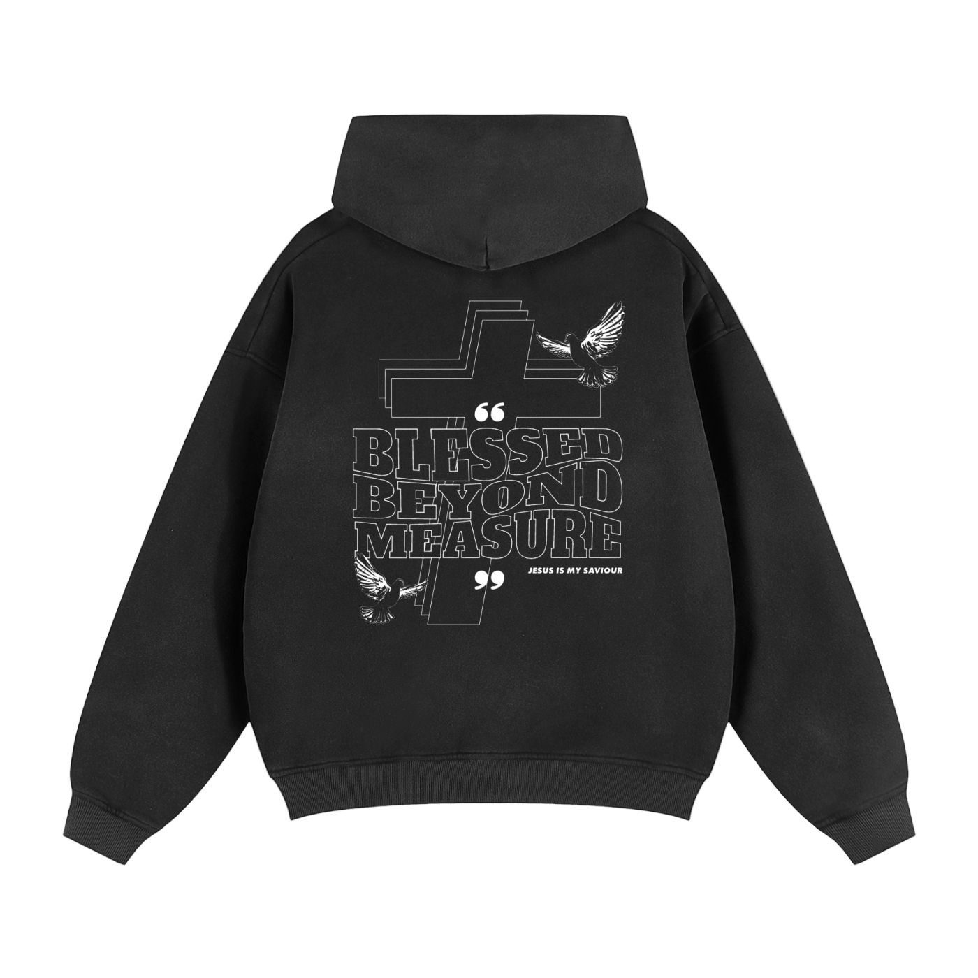 Black Praise Jesus Jacket with retro logo front and Blessed Beyond Measure text with doves on back
