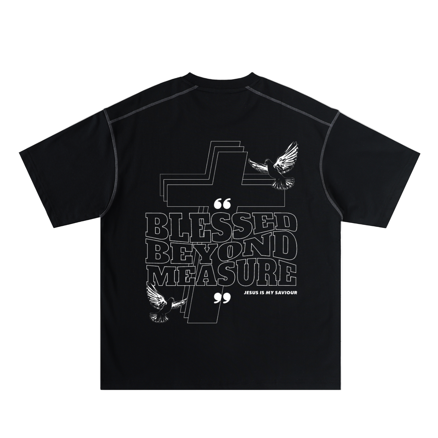 Black Blessed Beyond Measure cotton tee with Child of God logo and dove graphics on back