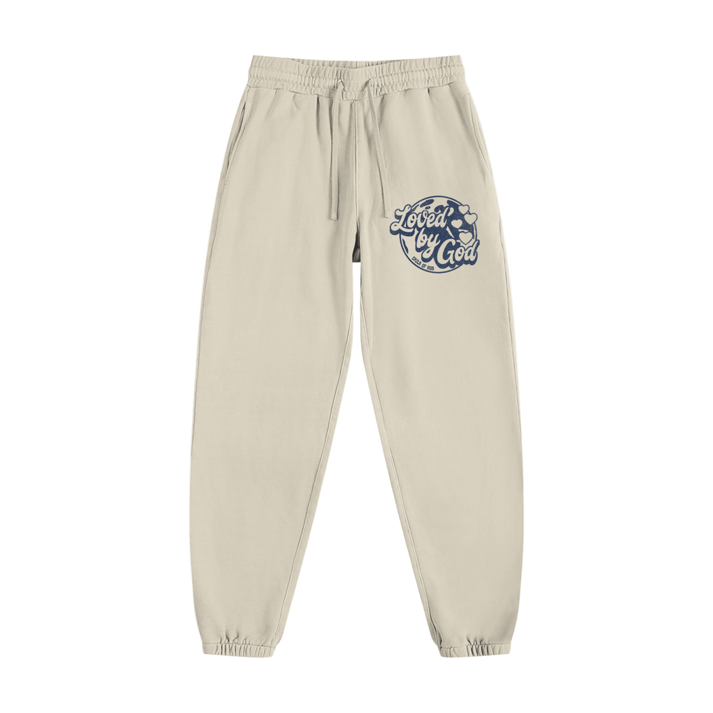 Beige Loved by God Sweatpants with front print and elastic waistband