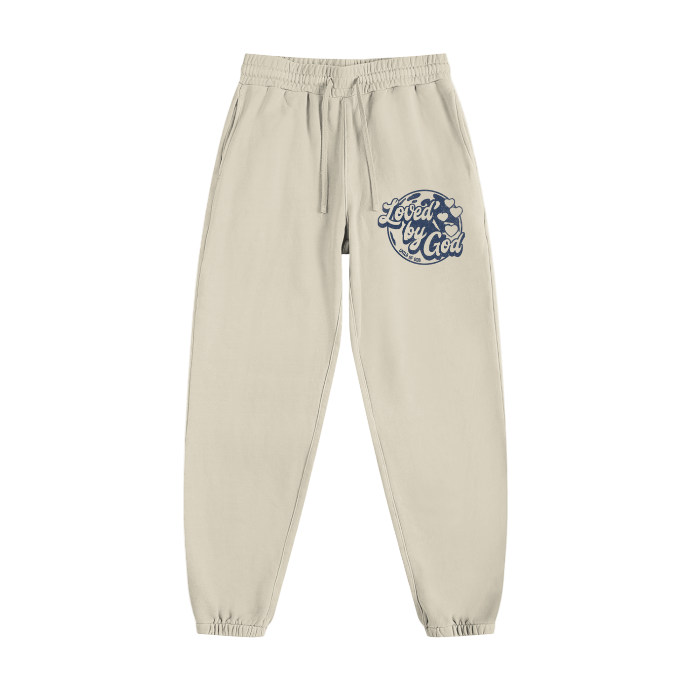 Beige Loved by God Sweatpants with front print and elastic waistband