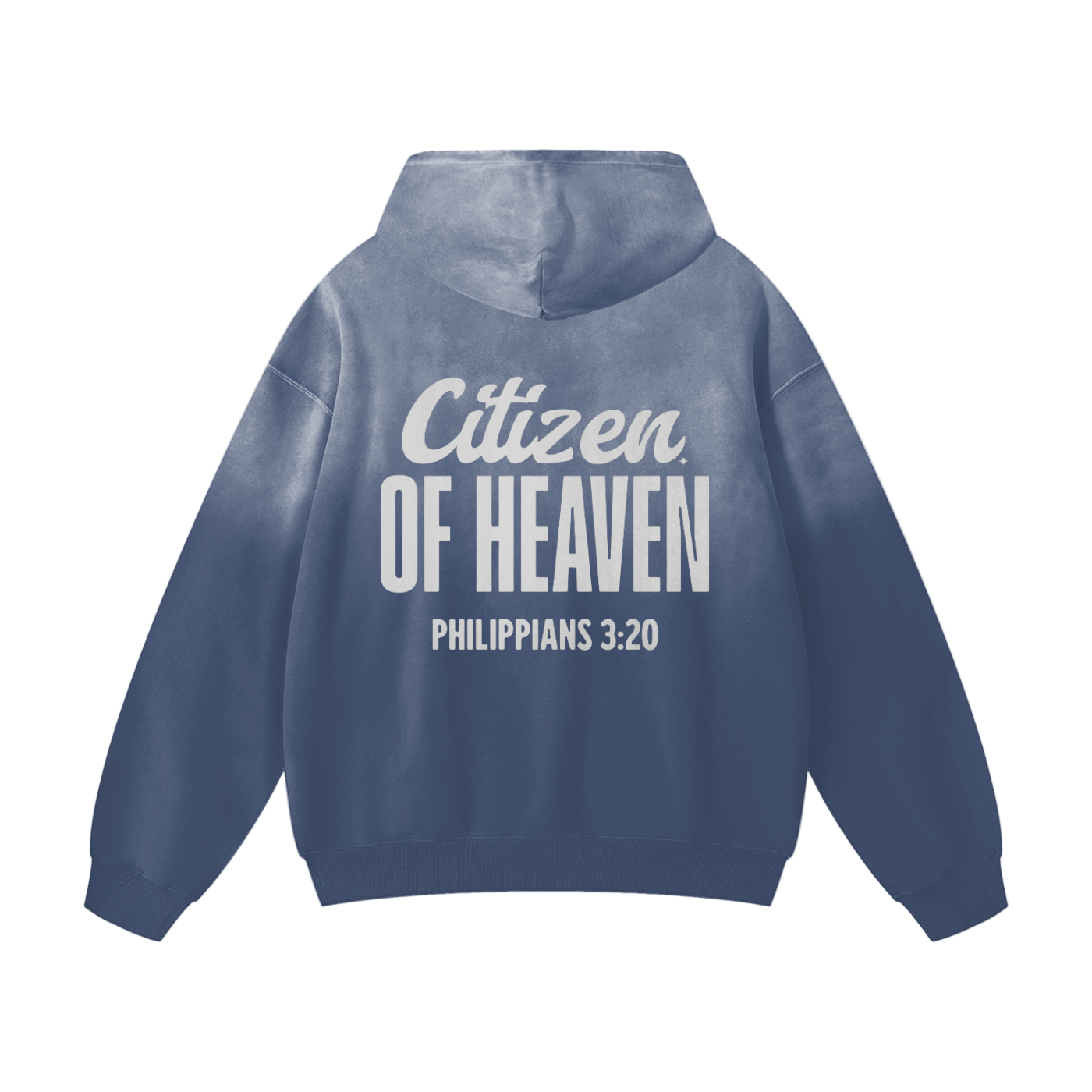 Heavyweight Sunfade Hoodie oversized blue cotton hoodie with Citizen of Heaven print on back