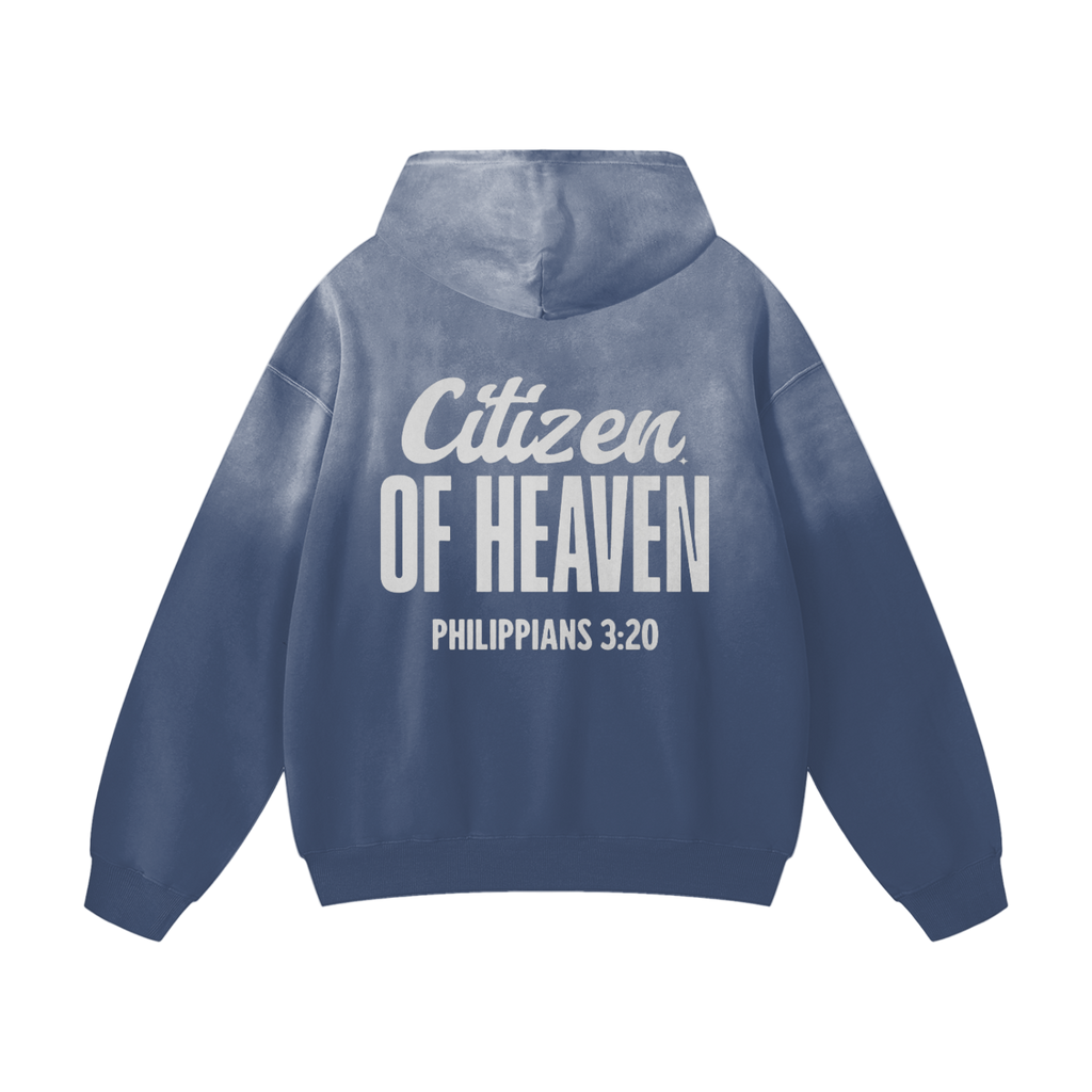 Heavyweight Sunfade Hoodie oversized blue cotton hoodie with Citizen of Heaven print on back