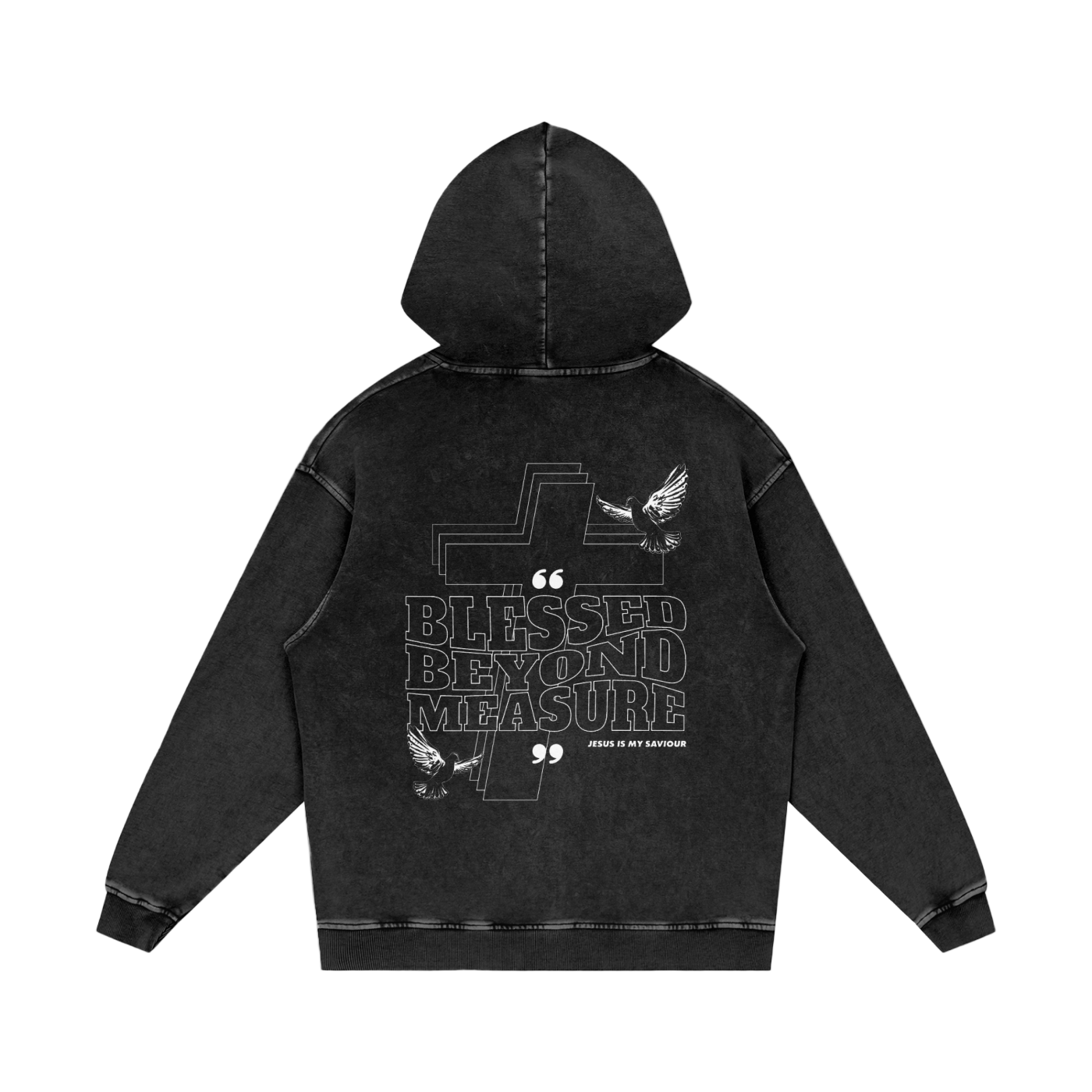 YAHWEH Snow Washed black hoodie with "BLESSED BEYOND MEASURE" print and dove graphics, soft cotton, casual streetwear style