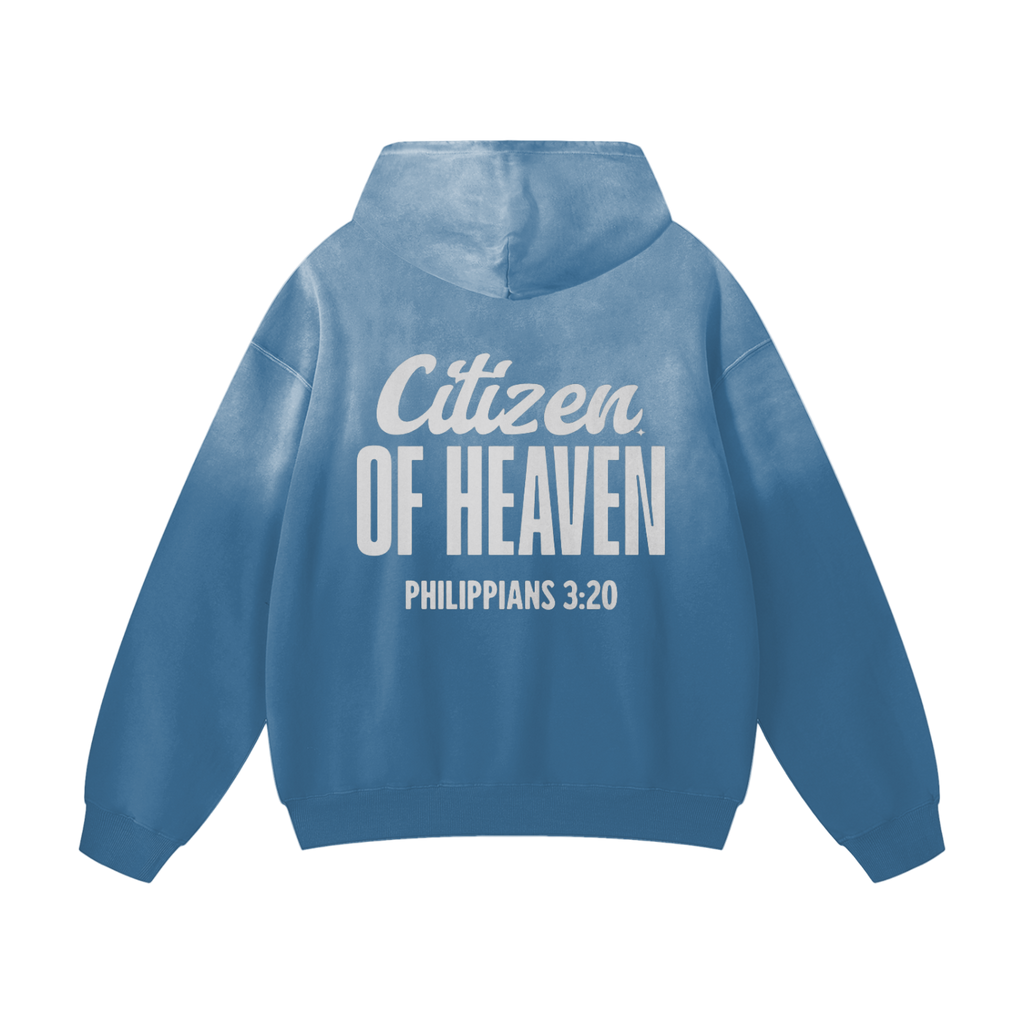 Unisex heavyweight sunfade oversized hoodie with "Citizen of Heaven" text and Philippians 3:20 print, 100% cotton thick fabric, loose fit, drop shoulder design