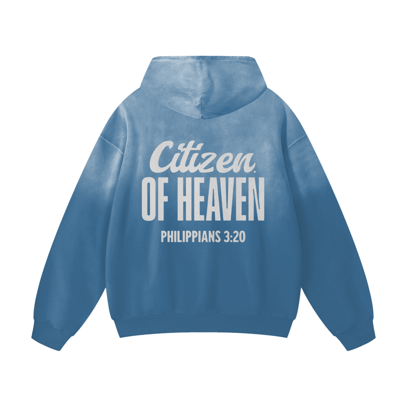 Unisex heavyweight sunfade oversized hoodie with "Citizen of Heaven" text and Philippians 3:20 print, 100% cotton thick fabric, loose fit, drop shoulder design