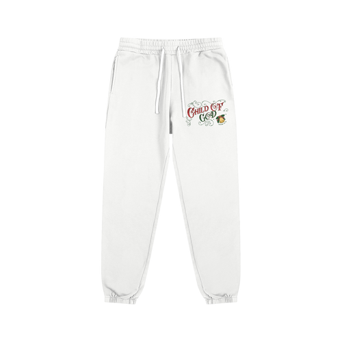 White essential sweatpants with Child of God Christmas logo and elastic waistband