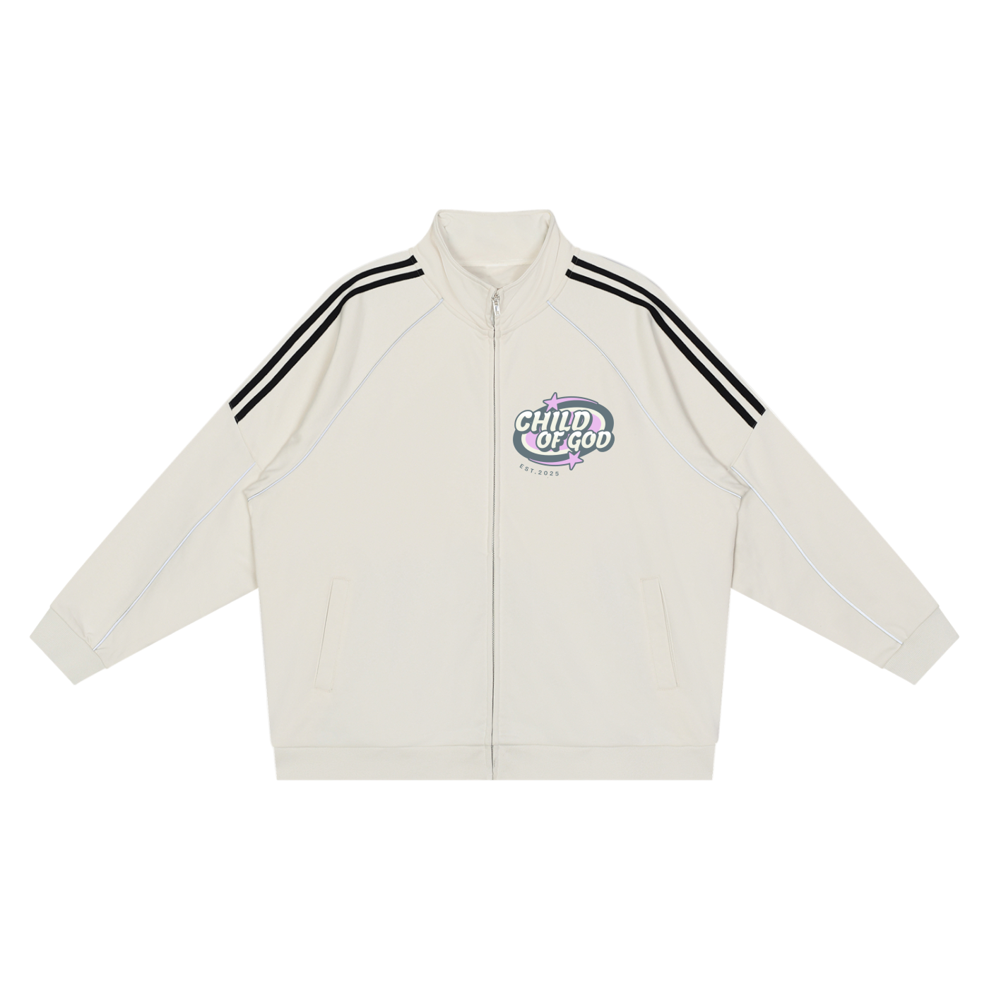 Cream REFLECTION STRIPED JACKET with black triple sleeve stripes and "Child of God" graphic on chest