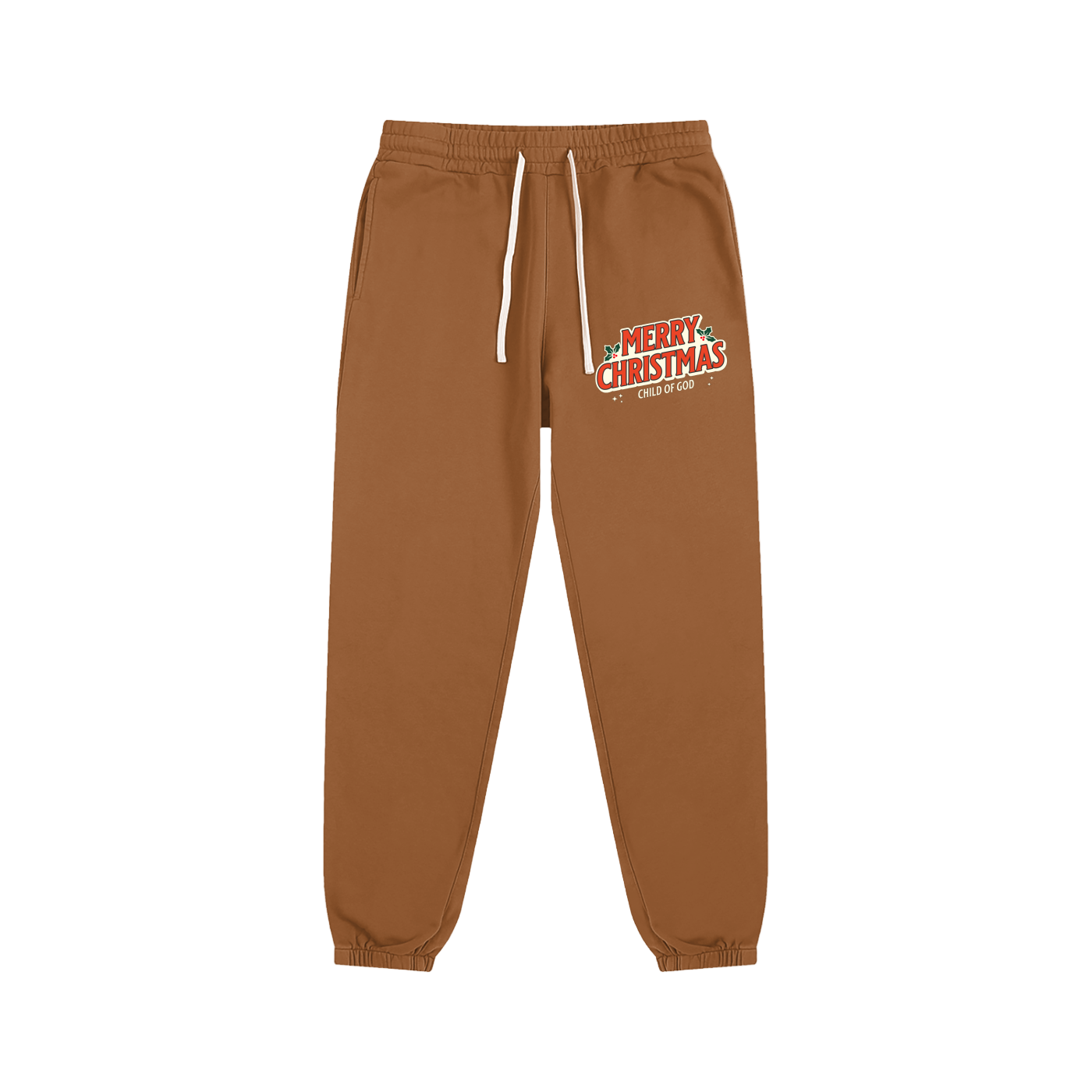Child of God brown sweatpants with Merry Christmas print and drawstring waistband