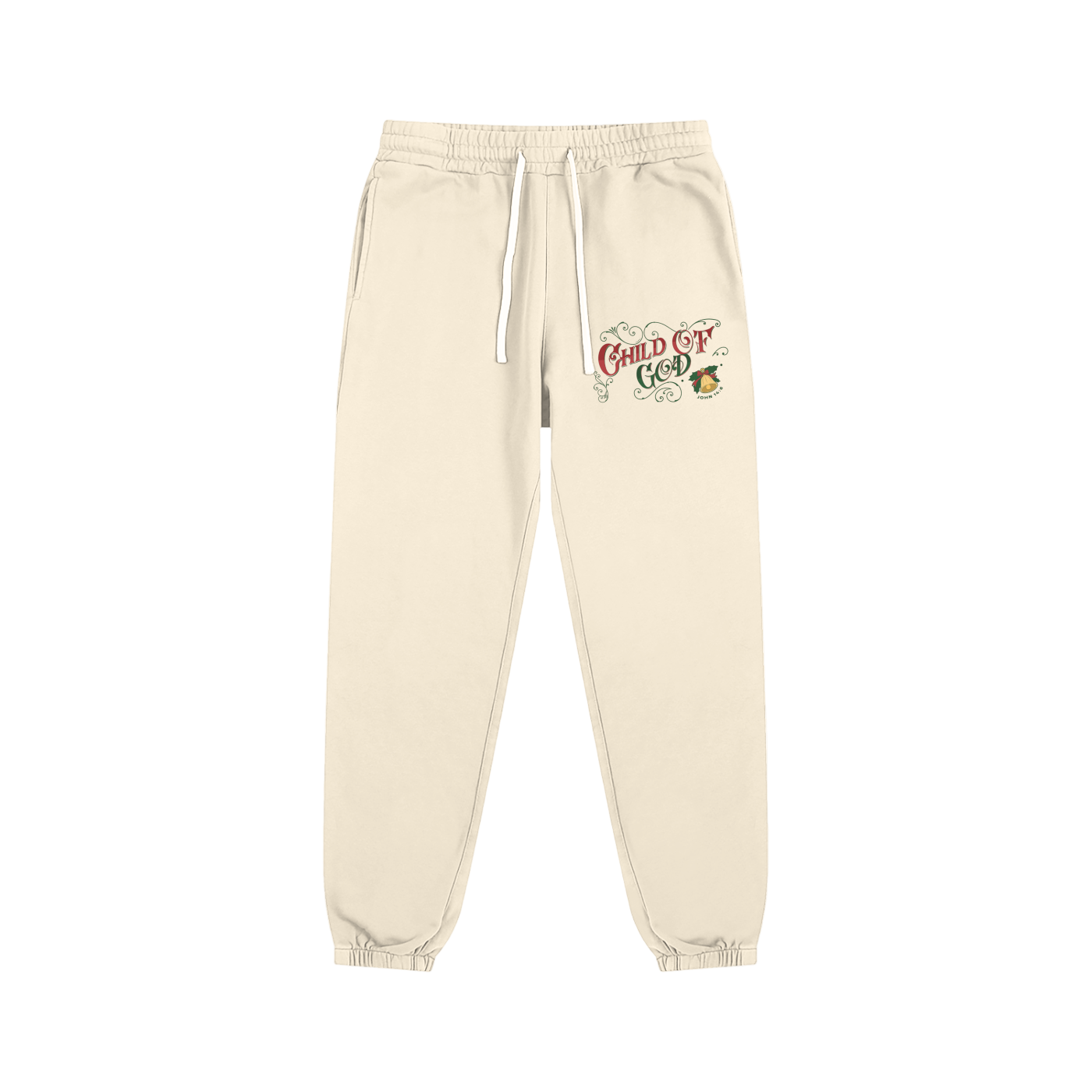 Beige Essential Sweatpants with Child of God Christmas logo and drawstring waistband
