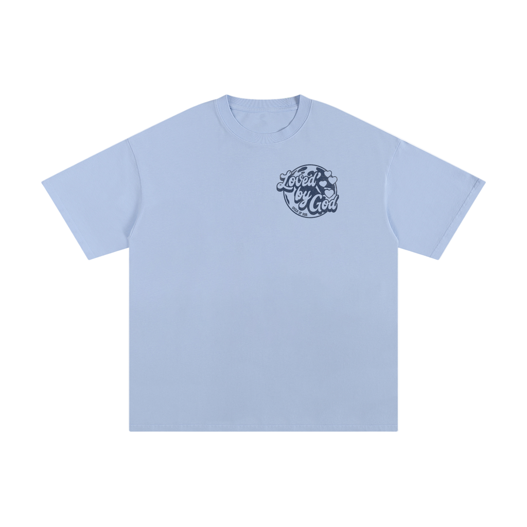 Light blue Loved by God T-shirt with front text and back message, machine washable design