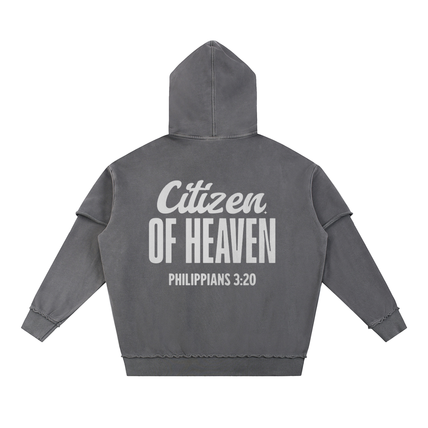 Snow washed raw edge double layered hoodie with Citizen of Heaven text on back and Child of God logo on front