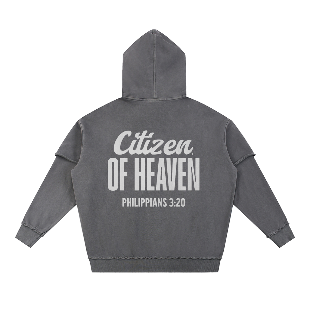 Snow washed raw edge double layered hoodie with Citizen of Heaven text on back and Child of God logo on front