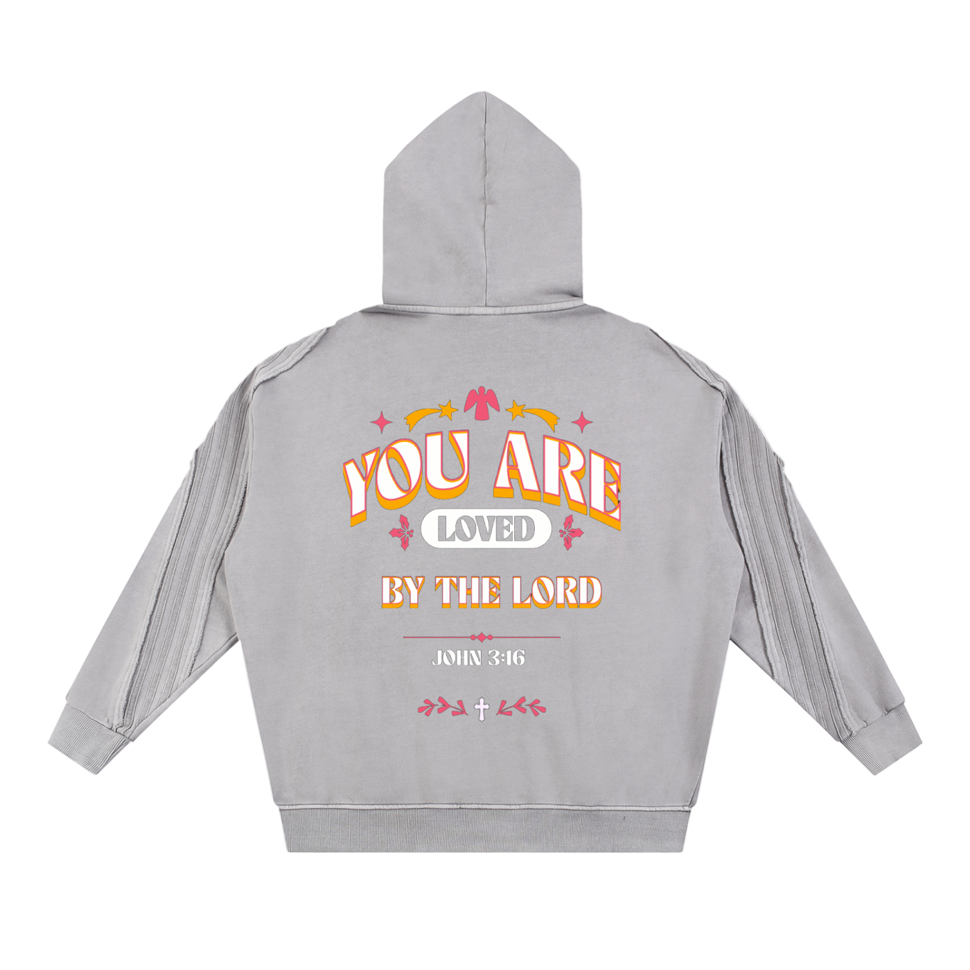 Snow Washed Tape raw edge zip hoodie with You are Loved by the Lord graphic on back