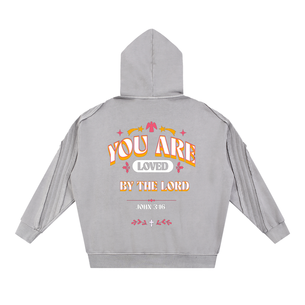 Snow Washed Tape raw edge zip hoodie with You are Loved by the Lord graphic on back