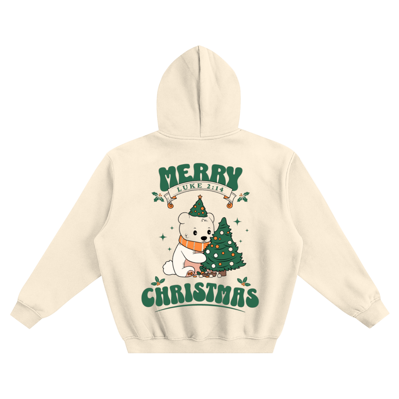 Beige Merry Christmas Hoodie with festive bear and Christmas tree design on the back