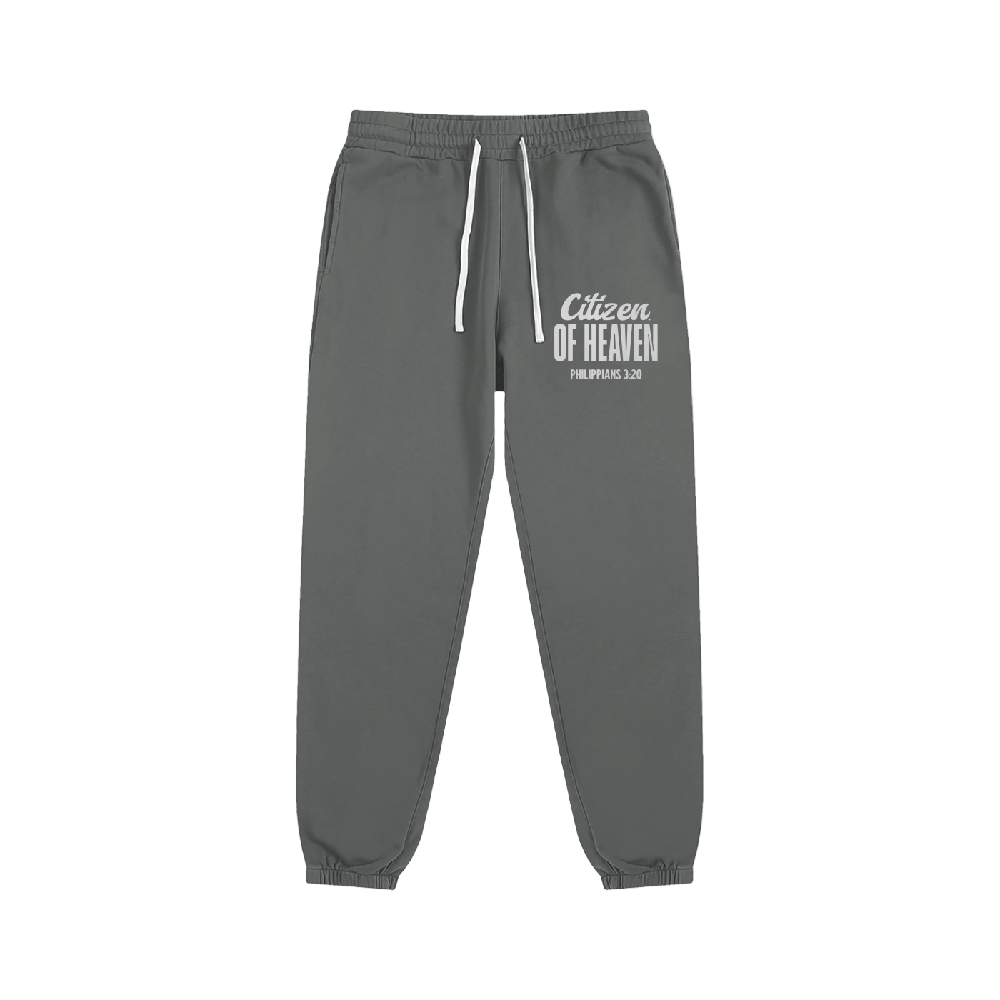 Gray Citizen of Heaven sweatpants with front logo and drawstring waistband
