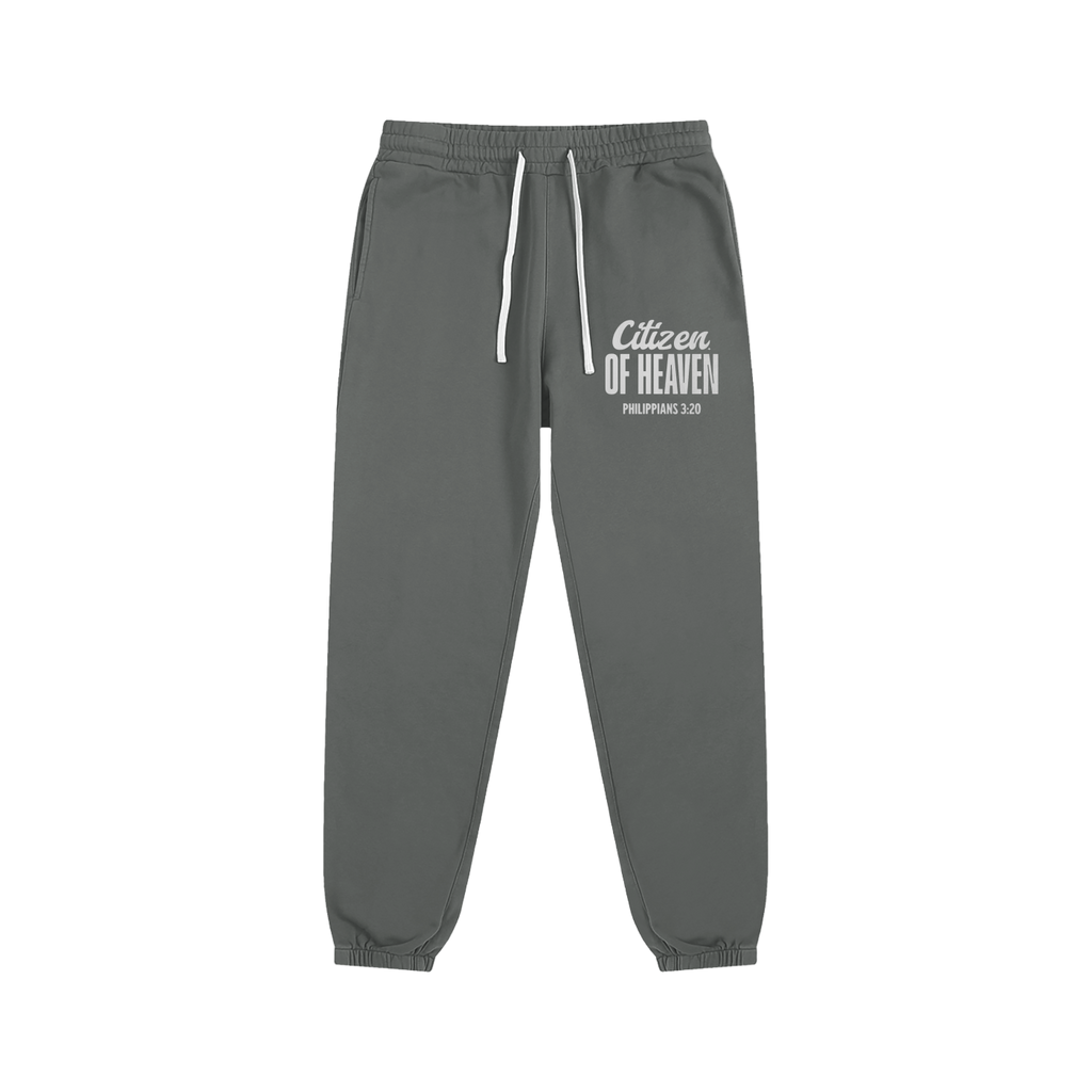 Gray Citizen of Heaven sweatpants with front logo and drawstring waistband